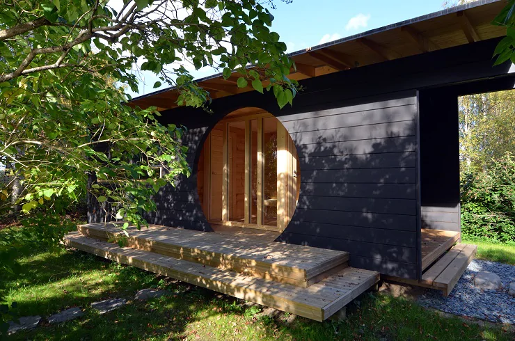 The outside of an unusual garden building. You may need planning permission for a garden room