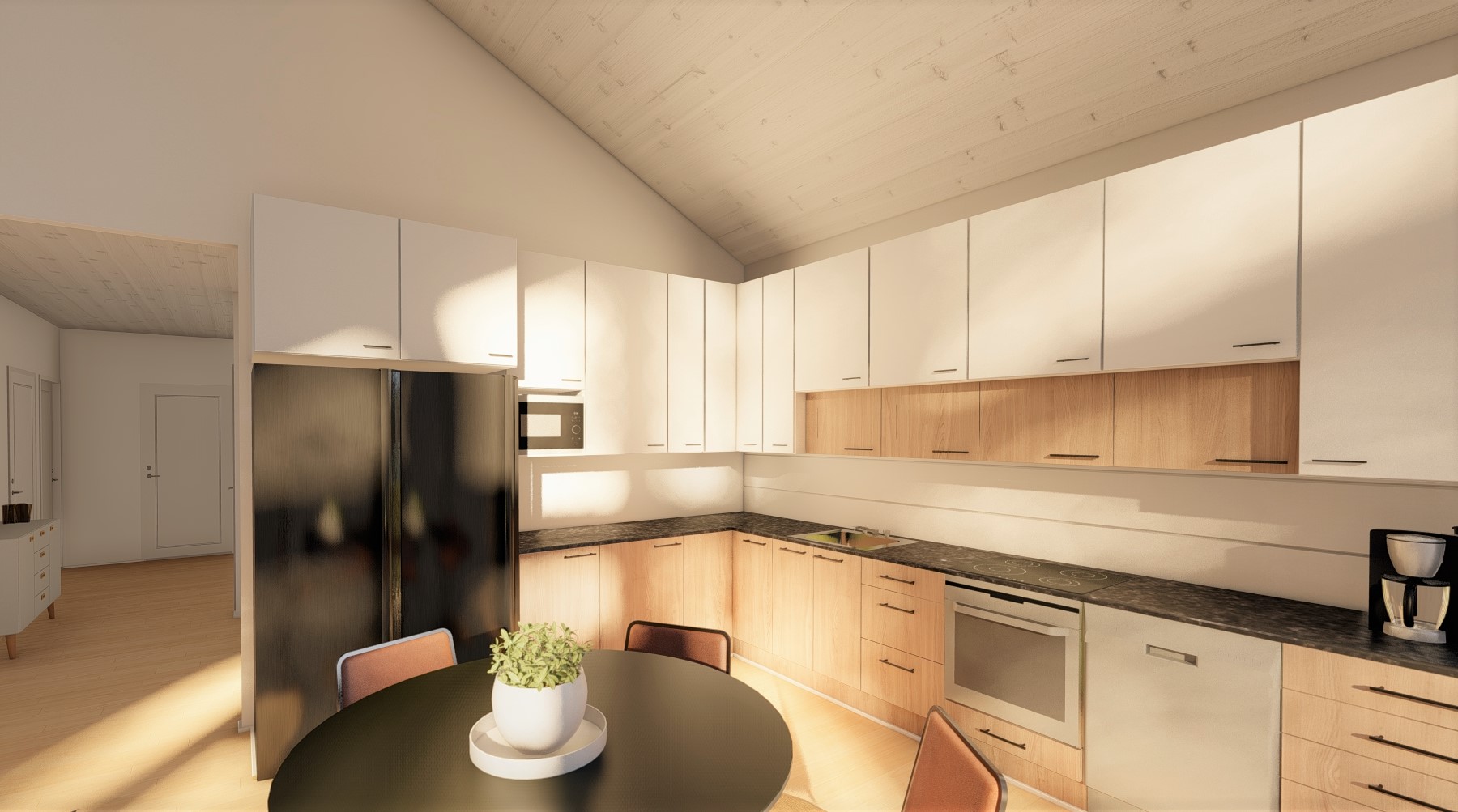 Example interior of Valo log home showing kitchen
