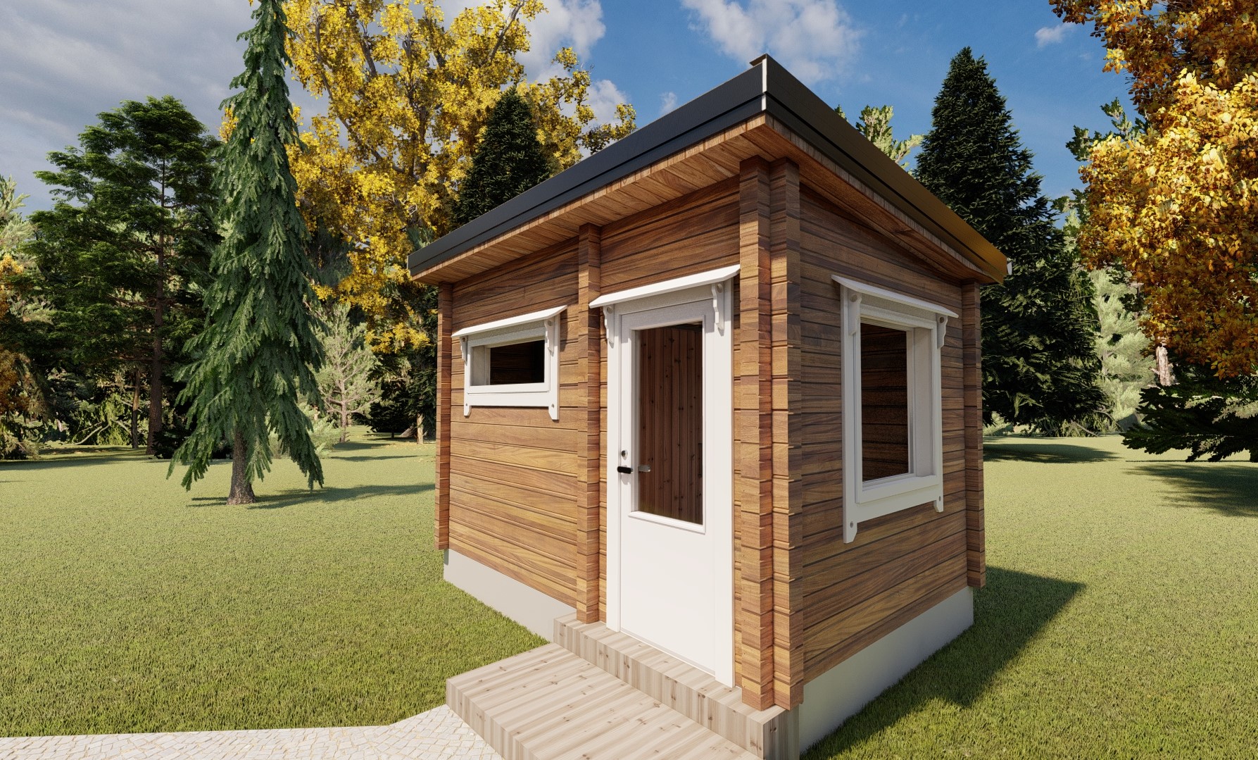 A picture of the exterior of the Saarela log sauna with a natural timber finish