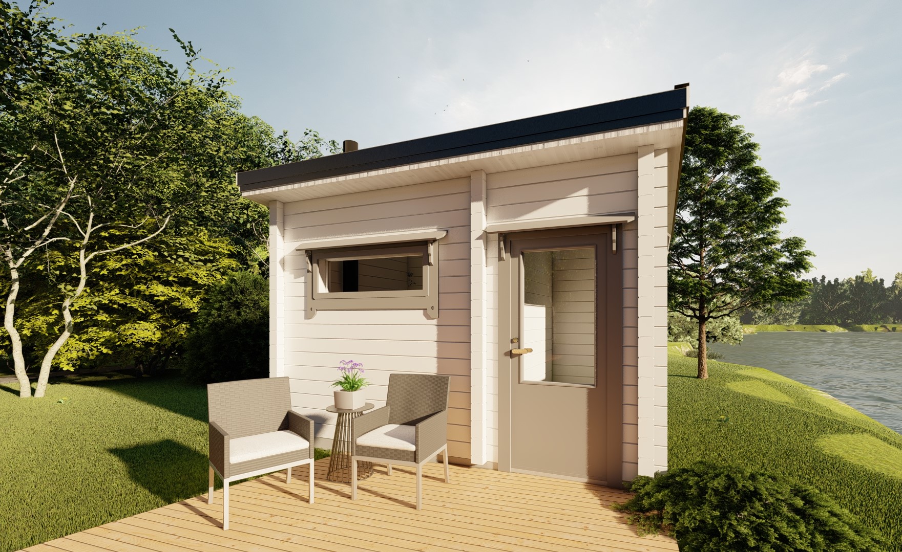 A picture of the exterior of the Saarela log sauna with a white timber finish and grey trims