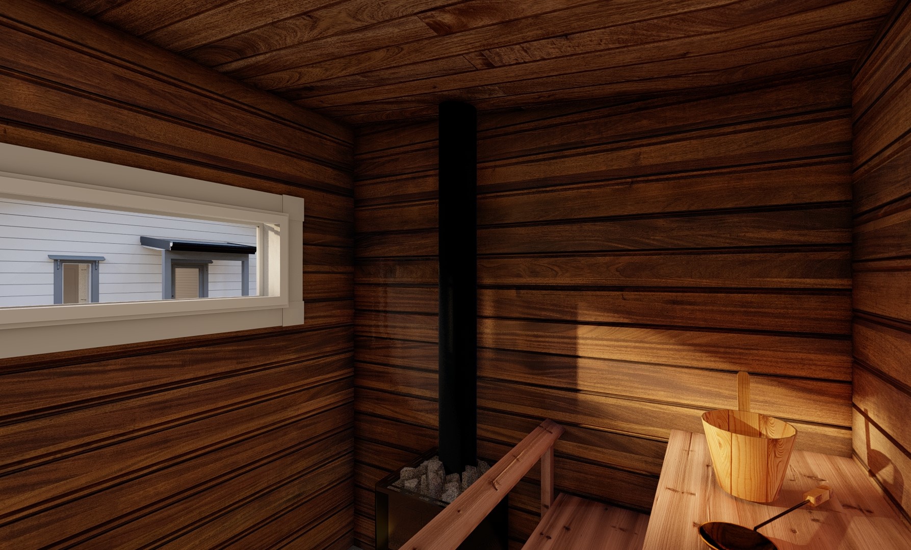 An interior image of the Saarela sauna showing heater and sauna benches