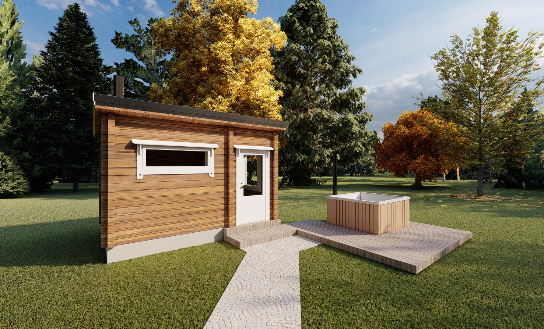 An exterior image of the Saarela sauna in a garden full of trees showing how it could complement a hot tub